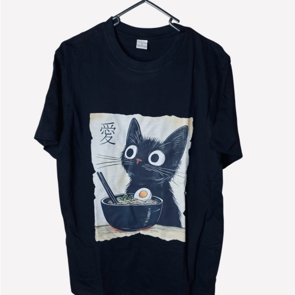 {NEW} Unisex Black Ramen Cat Graphic T-Shirt S/M